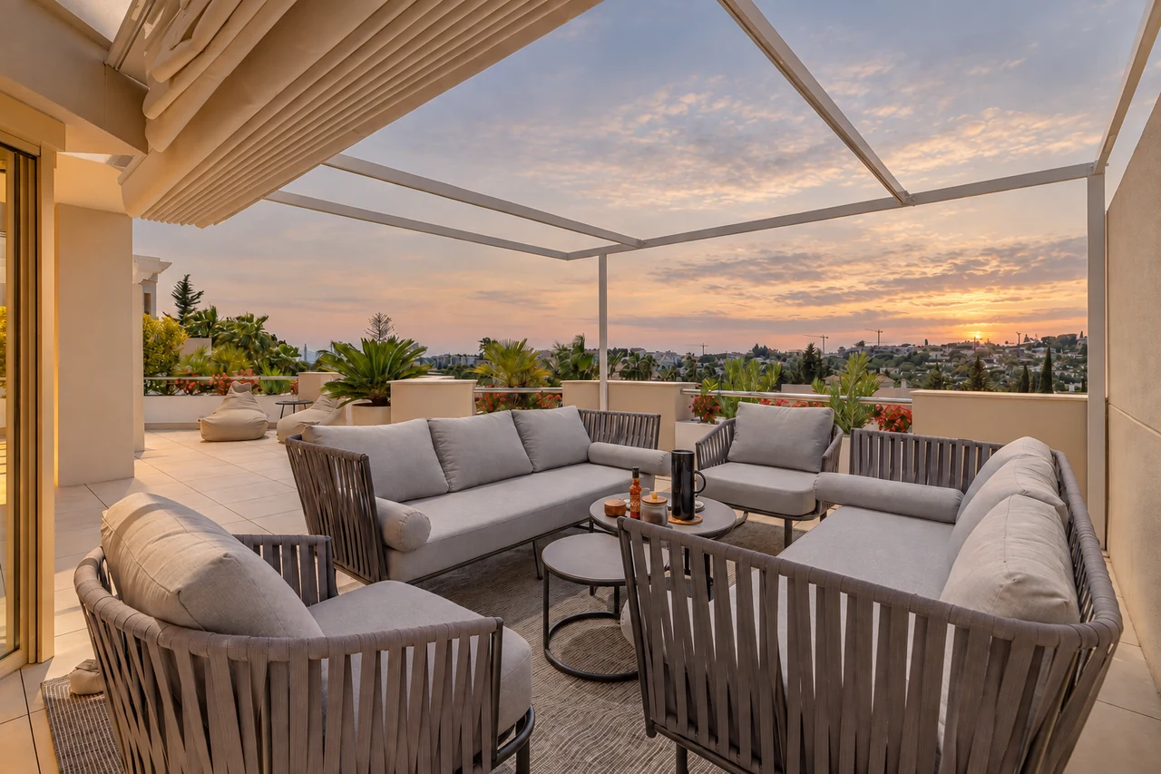 Fuente Aloha penthouse — portada de atardecer retocada digitalmente