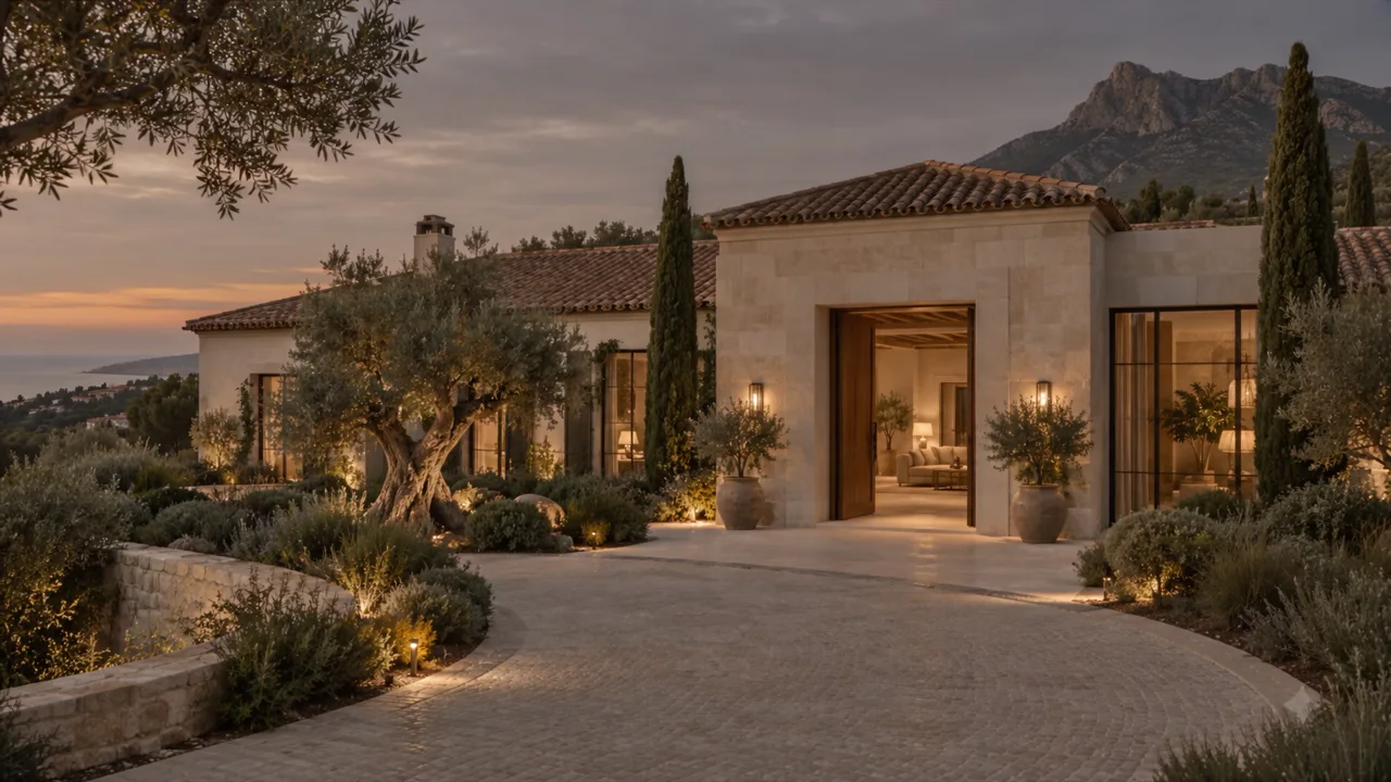 Villa mediterránea ilustrativa al atardecer, con un olivo y entrada iluminada